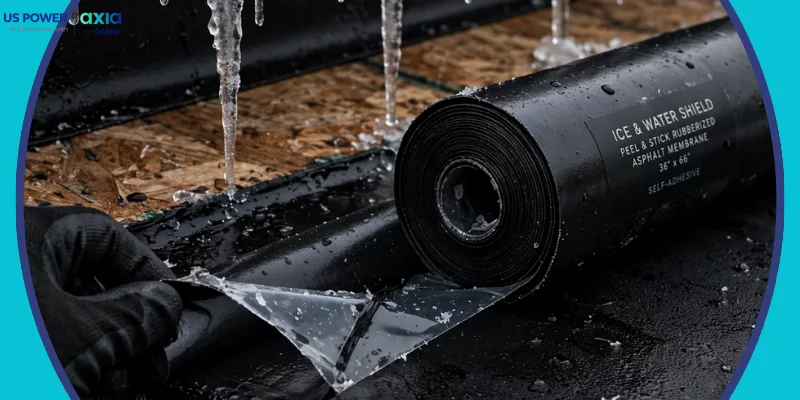 Ice and water shield what it is and whether Illinois roofs need it close up centered of self adhering rubberized asphalt membrane being applied at eaves ice dam with icicles above.