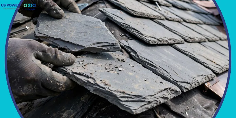 Slate roof installation process specialized crew installing natural slate tiles one at a time by hand quarter to three eighths inch thick quarried stone.